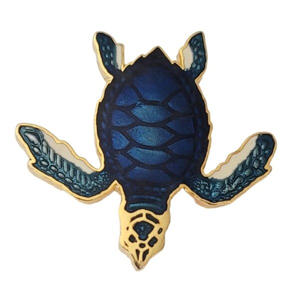 1987 Wm Spear Gold Tone Blue Enamel Sea Turtle Pin, Signed E671 - Picture 3 of 8